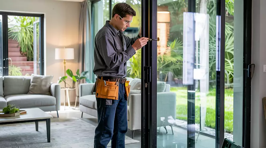 Professional technician repairing sliding door lock